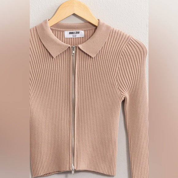 13B. Ribbed Double Zip Cardigan Top Taupe - Picture 2 of 7